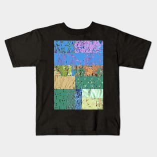 Blue textiles, mixed media, fiber art, blue green gold Kids T-Shirt